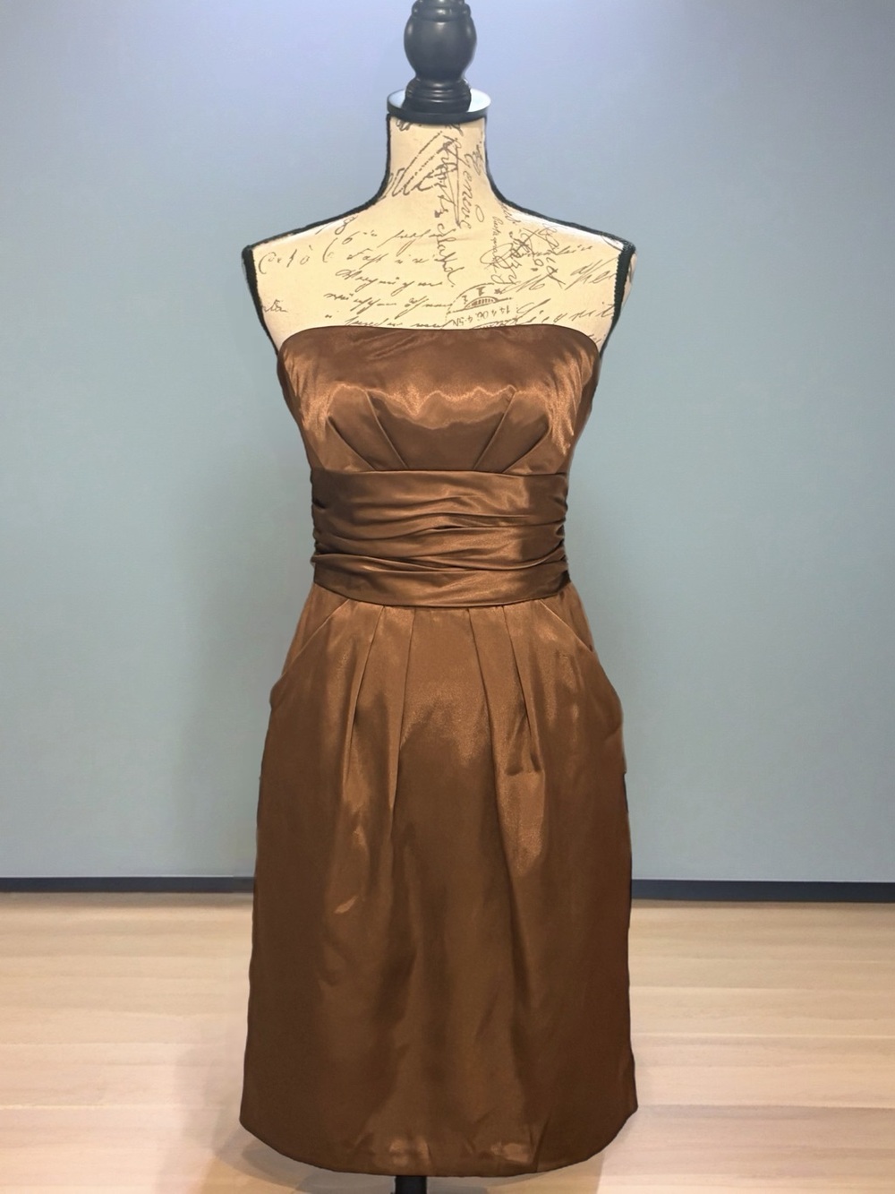 Vtg David's Bridal Y2K Bronze Satin Strapless Cocktail Dress with Pockets - Sz 4